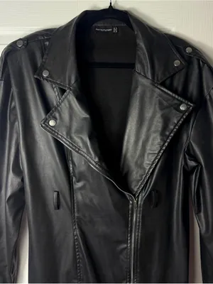 PrettyLittleThing Black Faux Leather Long Moto Jacket Padded Shoulders 12 Large thumbnail 4
