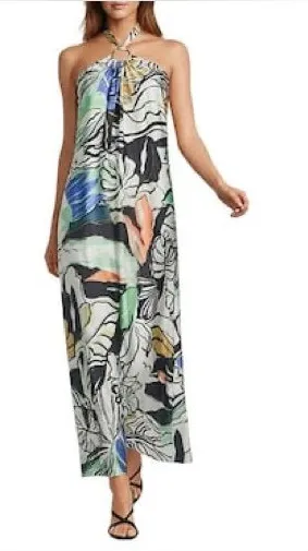 NWT ELAN Botanical Print Ring Halter Neck A-Line Maxi Dress Resortwear S thumbnail 1