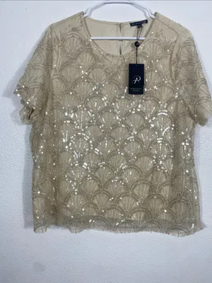 NWT Adrianna Papell Sequin Blouse Top Champagne L thumbnail 2