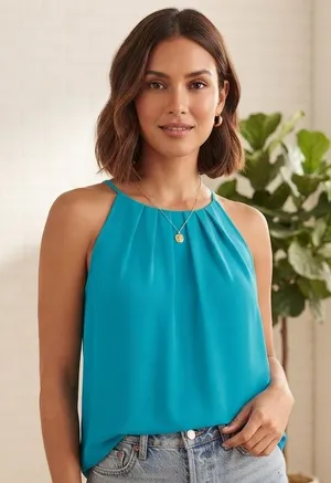 Violet +‎ Claire M Teal Sleeveless Pleated Blouse Minimalist Professional Tank thumbnail 1