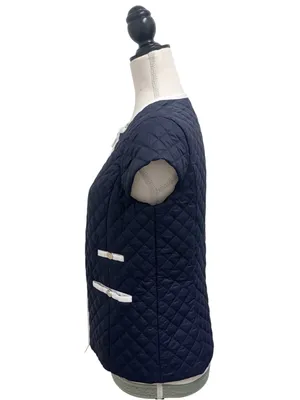Patty Kim Navy Blue White Trim Quilted Zip Up Cap Sleeve Lightweight Vest XS thumbnail 4