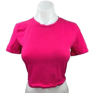 Zara Pink Plain Simple Stretch Crew Neck Short Sleeve Crop T Shirt Top Tee Sz M thumbnail 1
