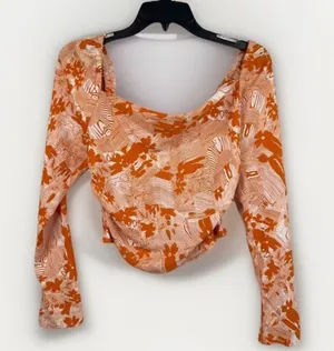 Open Edit Orange White Cowl Neck Long Sleeve Top XXS Smocked Back thumbnail 1