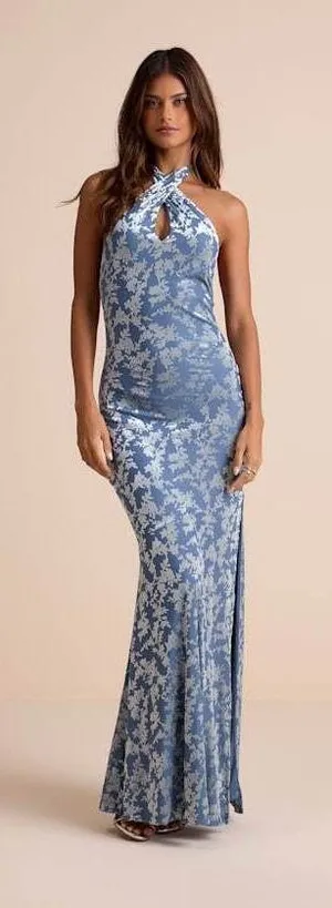 Lulus Sharon Slate Blue Velvet Burnout Halter Maxi Dress - Size XL thumbnail 1
