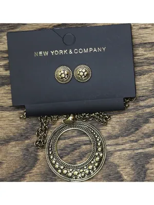 NWT New York & Company Pendant Stud Earring Necklace Set Gold Yellow 18" + 3" thumbnail 2