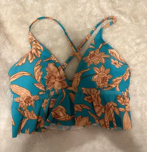 Blue Bikini Top with Coral Flowers thumbnail 1