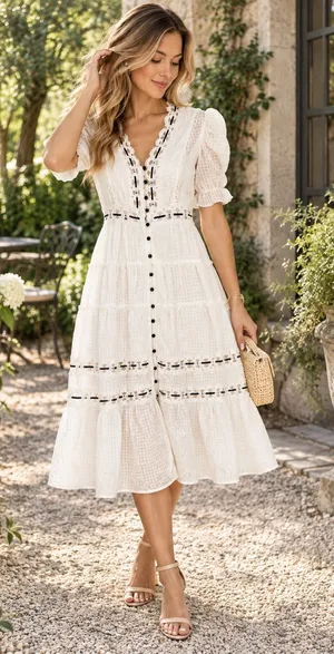 RAHI White Crochet Lace Midi Dress Black Ribbon Size S thumbnail 1