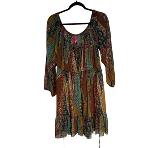 Pure Energy Boho Maxi Dress Patchwork Off‎ Long Sleeve Tiered Ruffle Size 2 thumbnail 2