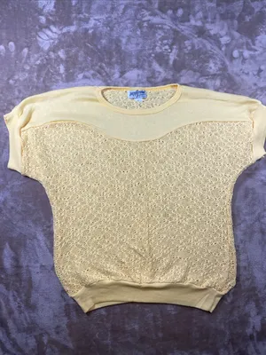 Vintage Peppermint Pale Yellow Openwork Knit Short Sleeve Top thumbnail 4