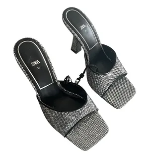 Zara Silver Sparkly Peep Toe Heeled Mules Glitter Shoes EU 37 NWT thumbnail 1