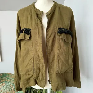 Zara Basic Women’s Olive Green Linen‎ Jacket size Medium Black Tassel Detail thumbnail 3