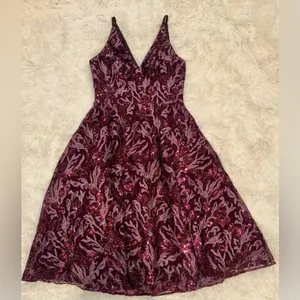 New Dress the Population Elisa Floral Sequin Fit & Flare Plum Purple Dress M thumbnail 5