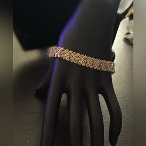 18K Gold Finish Natural Chevron Bracelet 1ct Lab Diamond in Brass 7.5” thumbnail 7