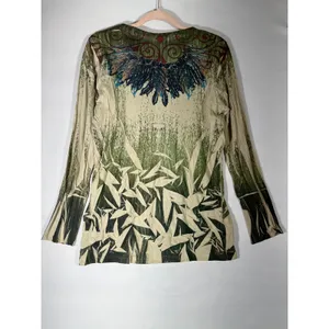 DECREE Graphic LS Tee‎ Women XL Green Nature Boho Tribal Inspired Wings Design thumbnail 2