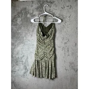Vintage Y2K Olive Green‎ Ruched Halter Midi Dress Polka Dot Slip Dress Small thumbnail 3