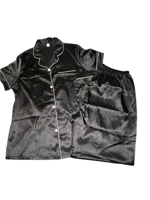Women's Satin look/ feel Pajama Set - Black with White Piping thumbnail 3