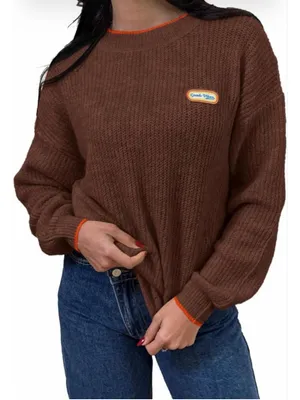 NEW Crew Neck Long Sleeve Knit Contrast Piping Strip Pullover Sweater M thumbnail 1