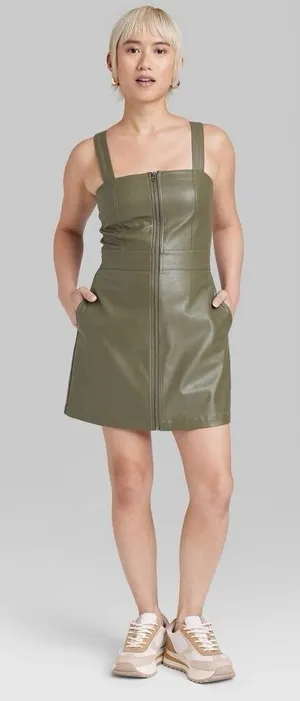 NWT Wild Fable faux leather zip-front mini pinafore dress in olive green thumbnail 1