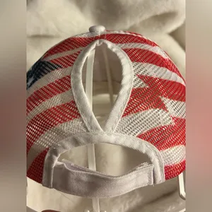 American Flag Mesh Back Trucker Hat Pony Cap. White thumbnail 4