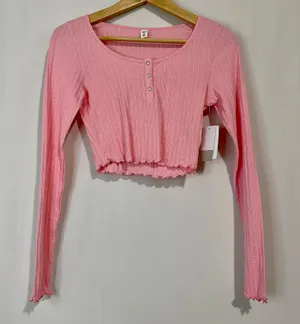 BP. Women’s Scoop Neck Waffle Knit Cropped Henley Long Sleeve Pink Candy NWT thumbnail 1
