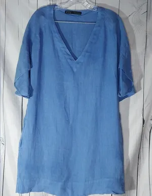 Zara Basic 100% Linen Blue V-Neck Relaxed Fit Everyday Casual Shift Dress Size S thumbnail 1
