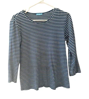 J. Mclaughlin M Navy Blue White Striped Cotton Long Sleeve Crew‎ Neck Tee Shirt thumbnail 1