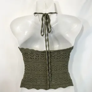 Abercrombie & Fitch XS Halter‎ Top Y2K VTG Crochet Olive Green Cotton Boho 1421 thumbnail 4