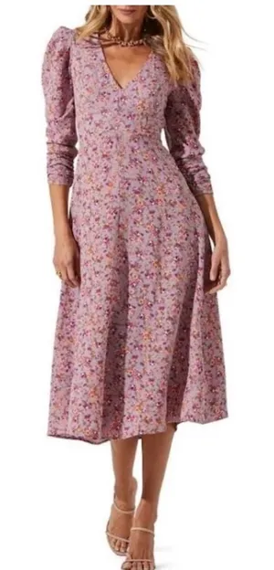ASTR the Label Puff Sleeve V-Neck Back Cutout Midi Dress, purple peach floral XL thumbnail 1