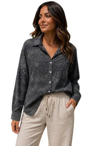 POL Clothing Paisley Bandana‎ Button Down Shirt Charcoal Grey Oversized FWT57 S thumbnail 1