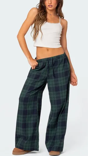 Edikted Lounge Around Plaid Wide Leg Pants Navy Blue Green Small thumbnail 1