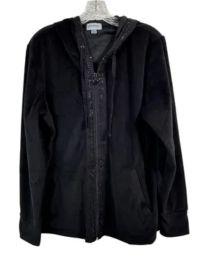 Glitterscape Black Velour Rhinestone Zip Up Hoodie Heart Zipper Pull Large thumbnail 1