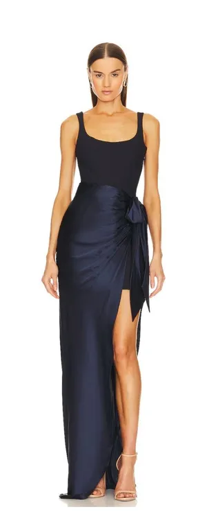 Cinq a Sept Marian Gown Navy Silk Draped Bow Side Slit Maxi Dress NWT Size 6 thumbnail 1