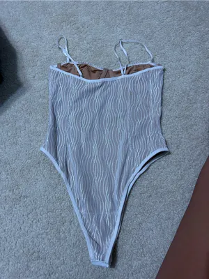White fox Sheer Wave Mesh Bodysuit in Nude and White thumbnail 3
