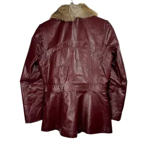 Vintage Leather Rabbitt Fur Trim Trench Tie Jacket Sz 5/6 Maroon Y2K Mob Wife thumbnail 2