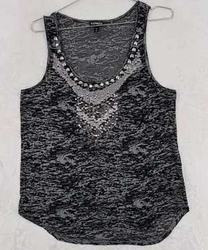 Express Tank Top Black Burnout Studs Sequins Biker Size Large Rocker Grunge thumbnail 1