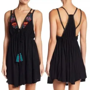 Free People Lovers Cove Embroidered Tassel Mini Dress‎ in Black Size XS thumbnail 2