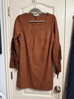 💖Rockin' C Brown Faux Suede Fringe Long Sleeve Dress‎ Western Boho thumbnail 2