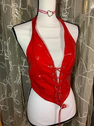 Shein Iconic Red Latex Like Halter Top thumbnail 1