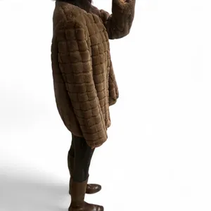 Chocolate Brown Faux Fur Grid Coat – Soft Plush Jacket, Size XS, Elegant & Cozy thumbnail 3