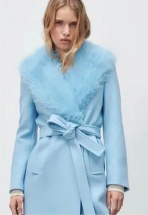 Zara Manteco Blue Wool Blend Coat with Fur Trim Size L #manteco #luxury thumbnail 1