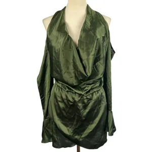 New PRETTYLITTLETHING Khaki Satin Cowl Cold Shoulder Bodycon MiniDress‎ Green 4 thumbnail 2