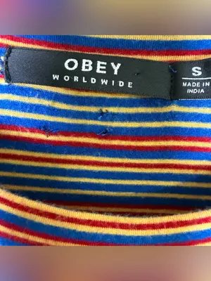 Obey Worldwide Striped Midi Shirt Dress Blue Red Yellow Logo Tee Dress Sz Small thumbnail 6