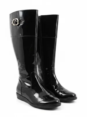 Cole Haan Nike Collab Waterproof Black Patent Leather Tall Boots Buckle Women 8B thumbnail 1