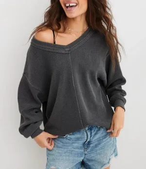 Aerie Wonder Textured V-Neck Sweatshirt Pullover Size: M thumbnail 2