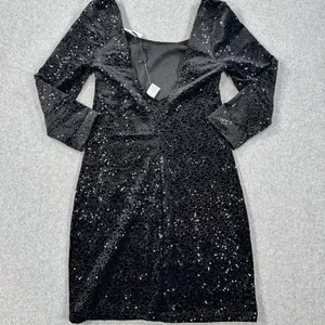 Mimi Chica Low Back Black Velvet Sequin Dress Size Medium 3/4 Sleeve Sheath New thumbnail 7