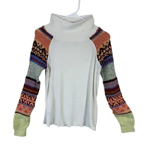 Free People Mixed Knit Cowl Neck Sweater S Boho Patchwork Fair Isle Sleeve Prism thumbnail 1