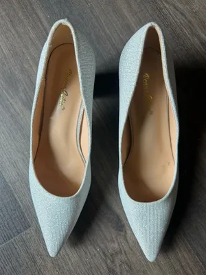 Silver, gray textured fabric pointed toe block heel court shoes thumbnail 1