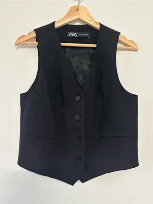 Zara Black Tailored V-Neck Vest Small Minimalist Layer Parisian Officewear thumbnail 1