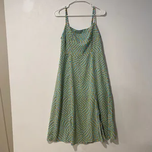 Commense Dress Large Blue Mustard Optical Print Strappy Midi Y2K thumbnail 3