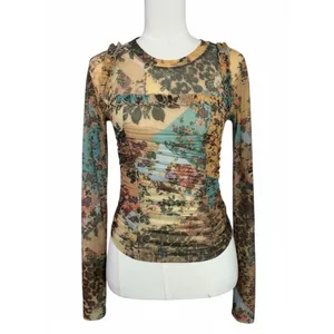Free People Dainty Retro 90s Ariana Long Sleeve Ruched Top Taupe Combo Large thumbnail 5